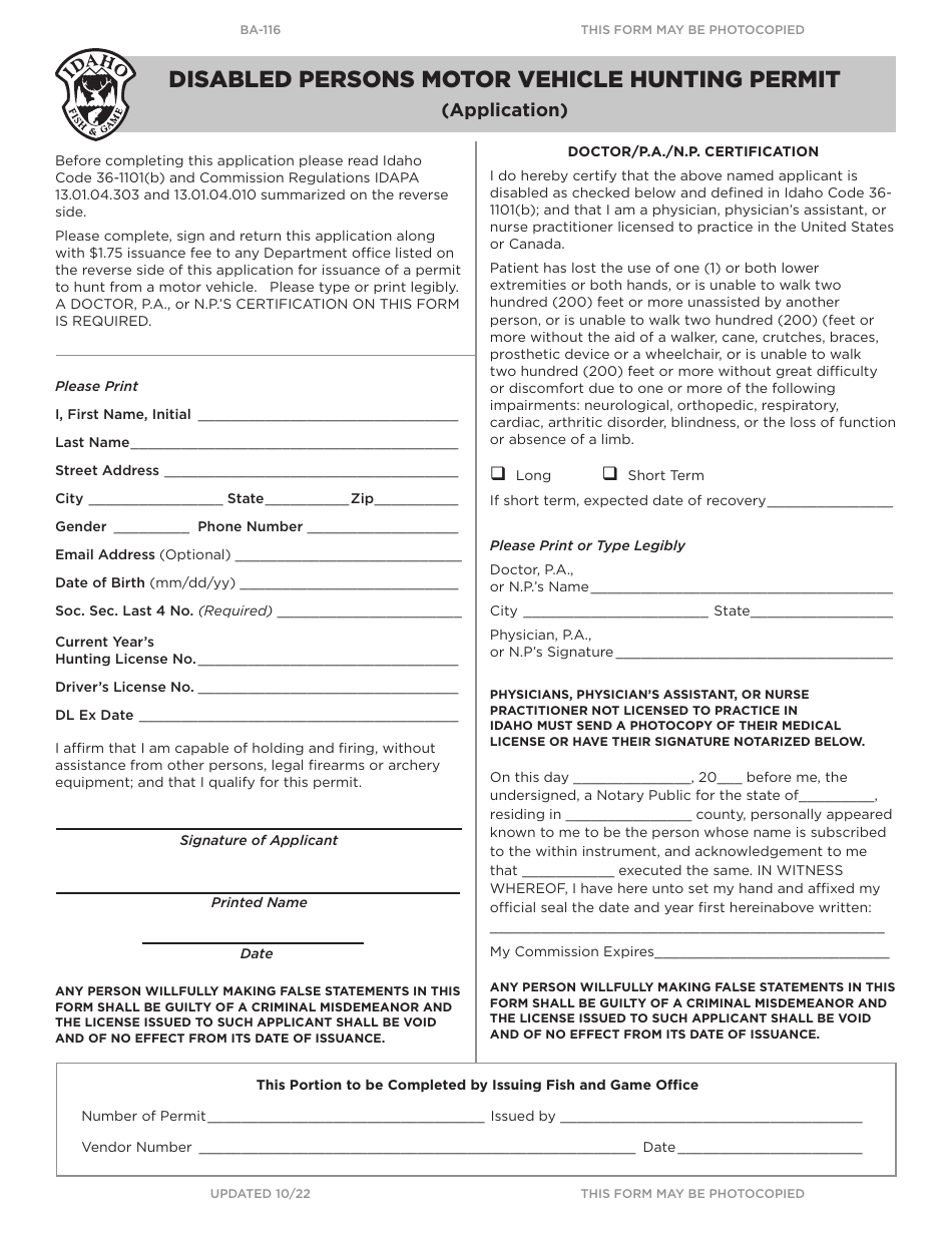 Form BA-116 Disabled Persons Motor Vehicle Hunting Permit Application - Idaho, Page 1