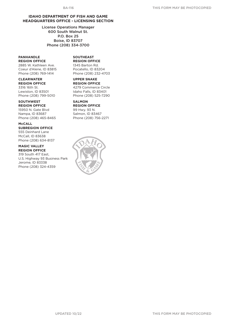 Form BA-116 Disabled Persons Motor Vehicle Hunting Permit Application - Idaho, Page 3