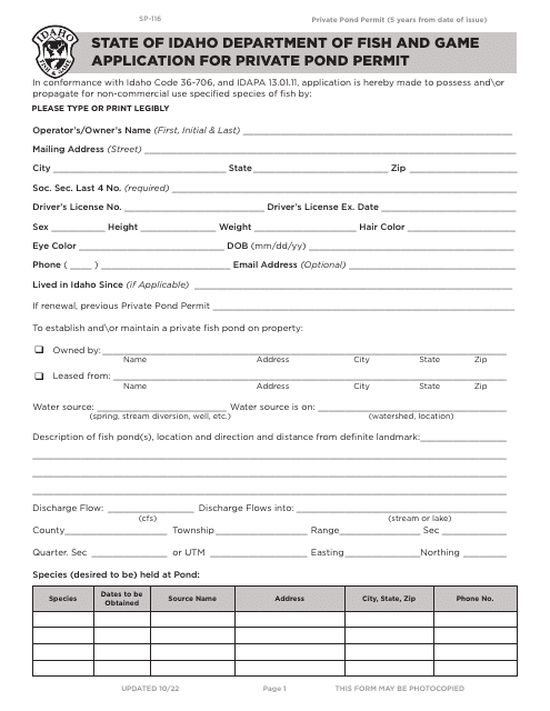 Form SP-116 Application for Private Pond Permit - Idaho