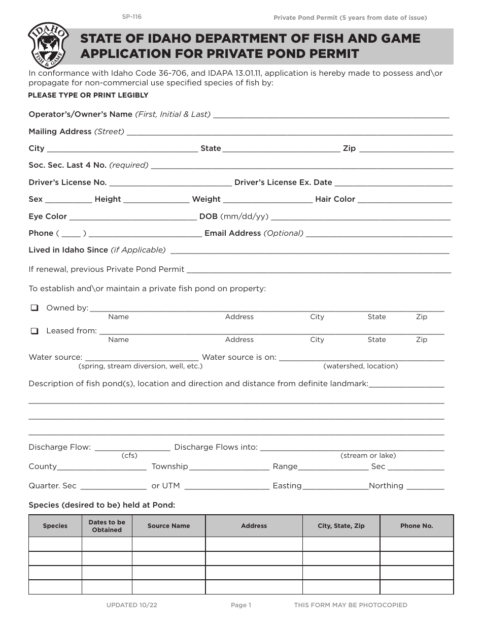 Form SP-116 Application for Private Pond Permit - Idaho, Page 1