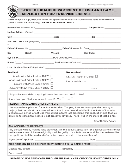 Form BA-112 Application for Trapping License - Idaho