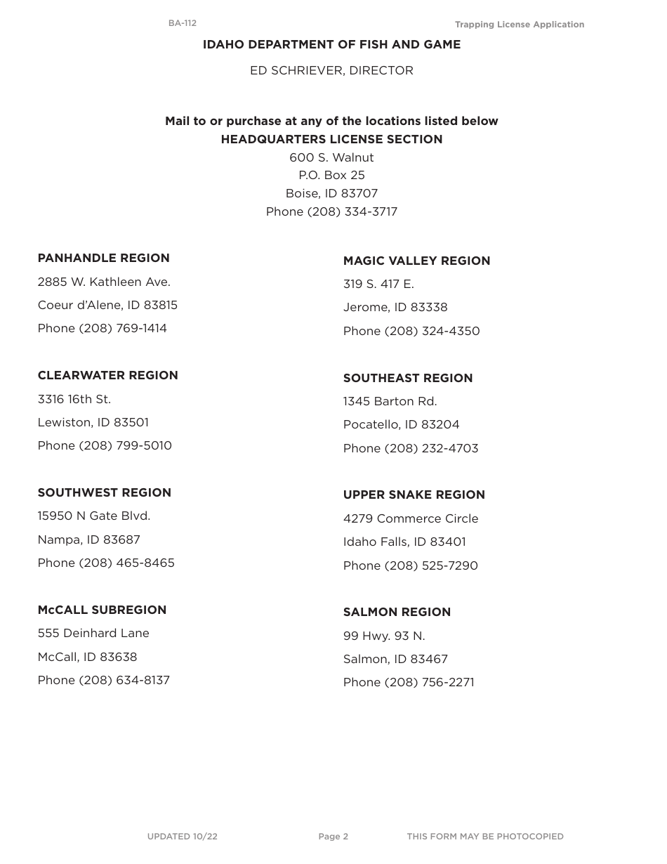 Form BA-112 Application for Trapping License - Idaho, Page 2