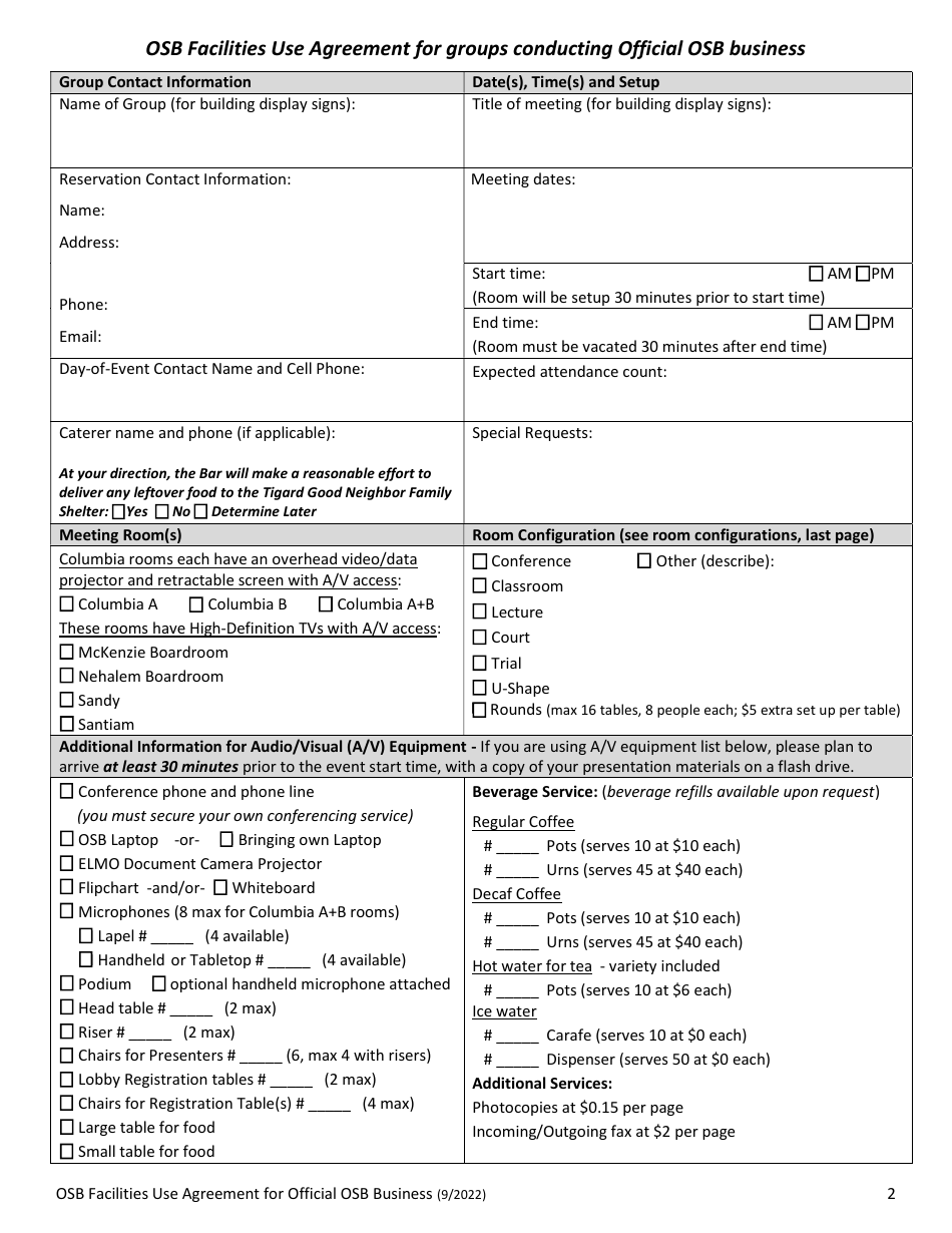 Osb Facilities Use Agreement for Groups Conducting Official Osb Business - Oregon, Page 2