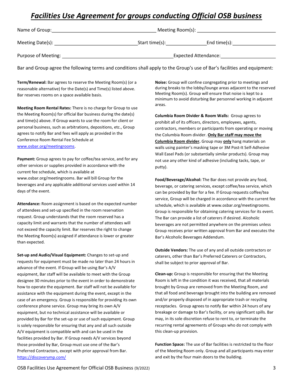 Osb Facilities Use Agreement for Groups Conducting Official Osb Business - Oregon, Page 3