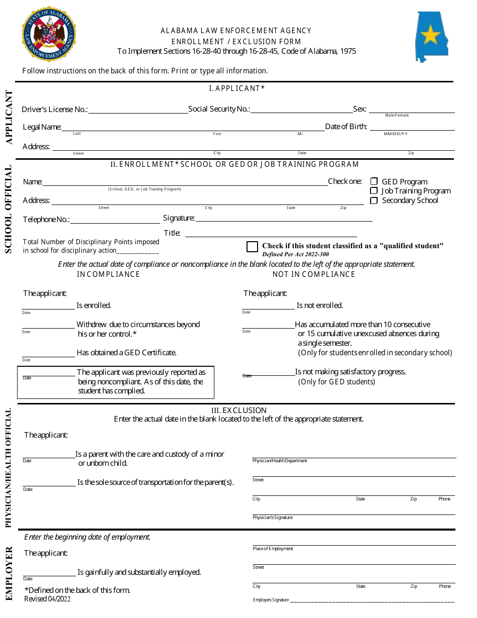 Form DL-93 Enrollment / Exclusion Form - Alabama, Page 1