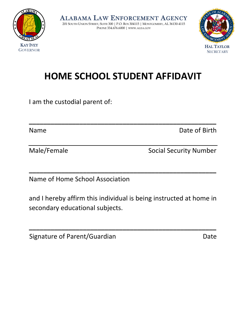 Home School Student Affidavit - Alabama, Page 1