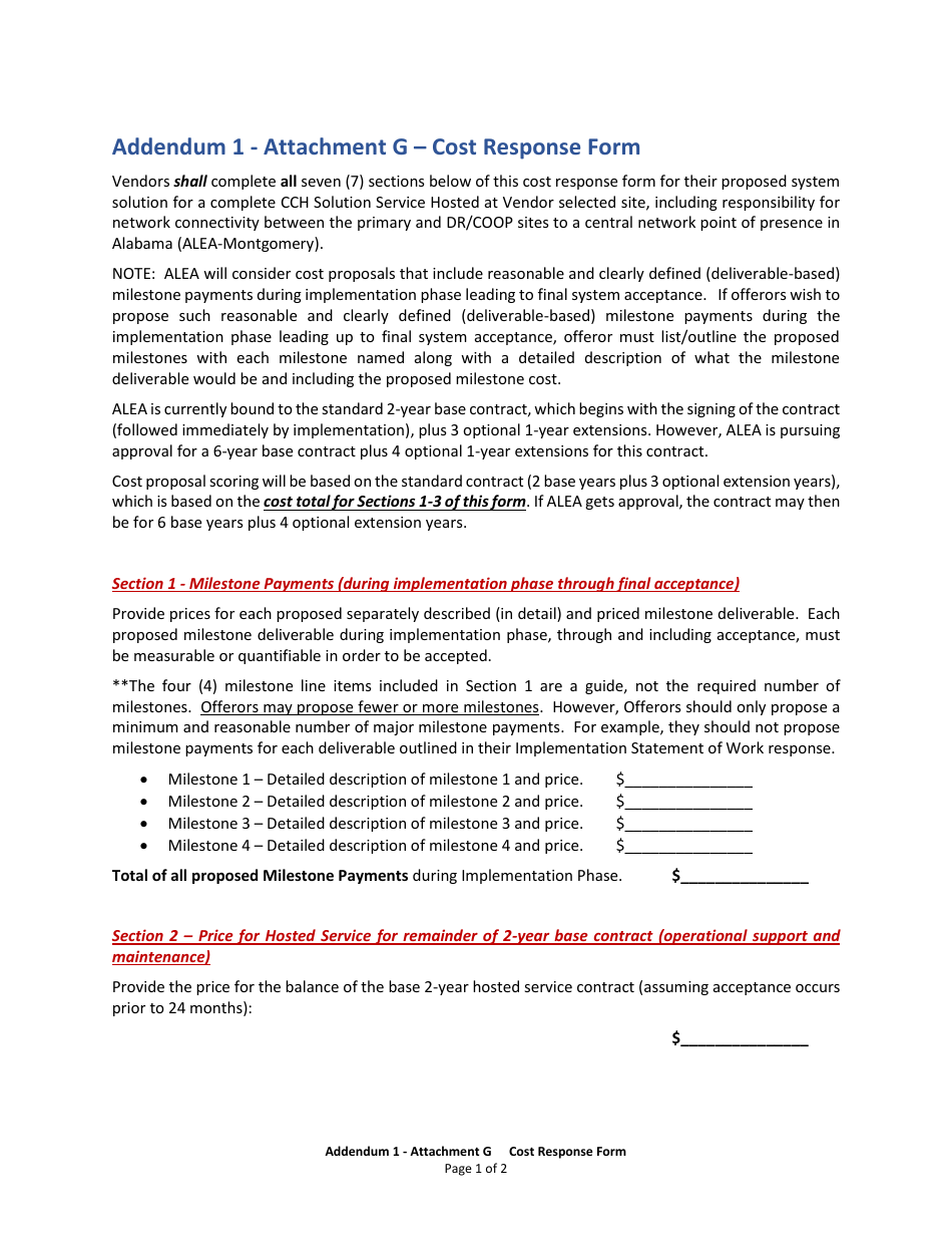 Attachment G Cost Response Form - Alabama, Page 1