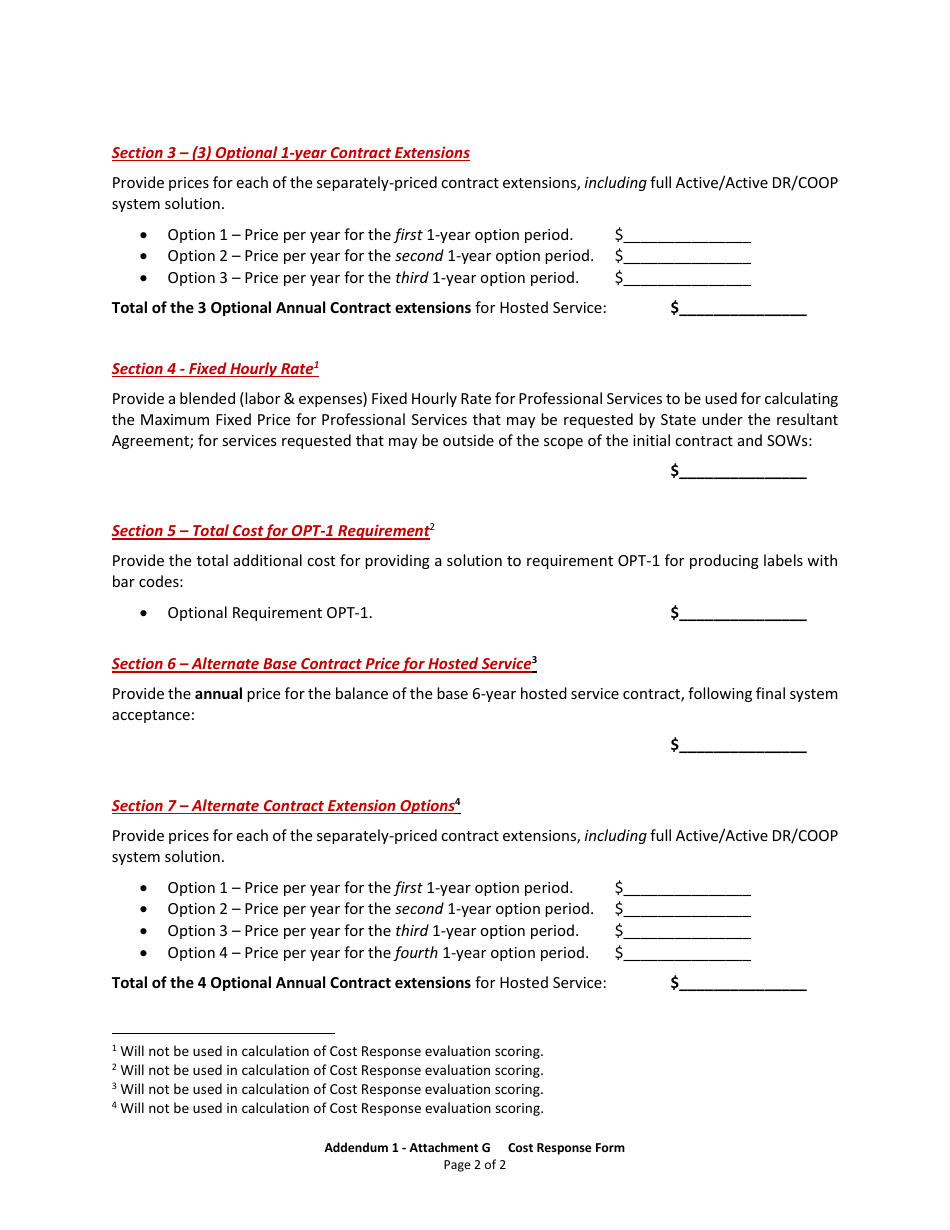 Attachment G Cost Response Form - Alabama, Page 2