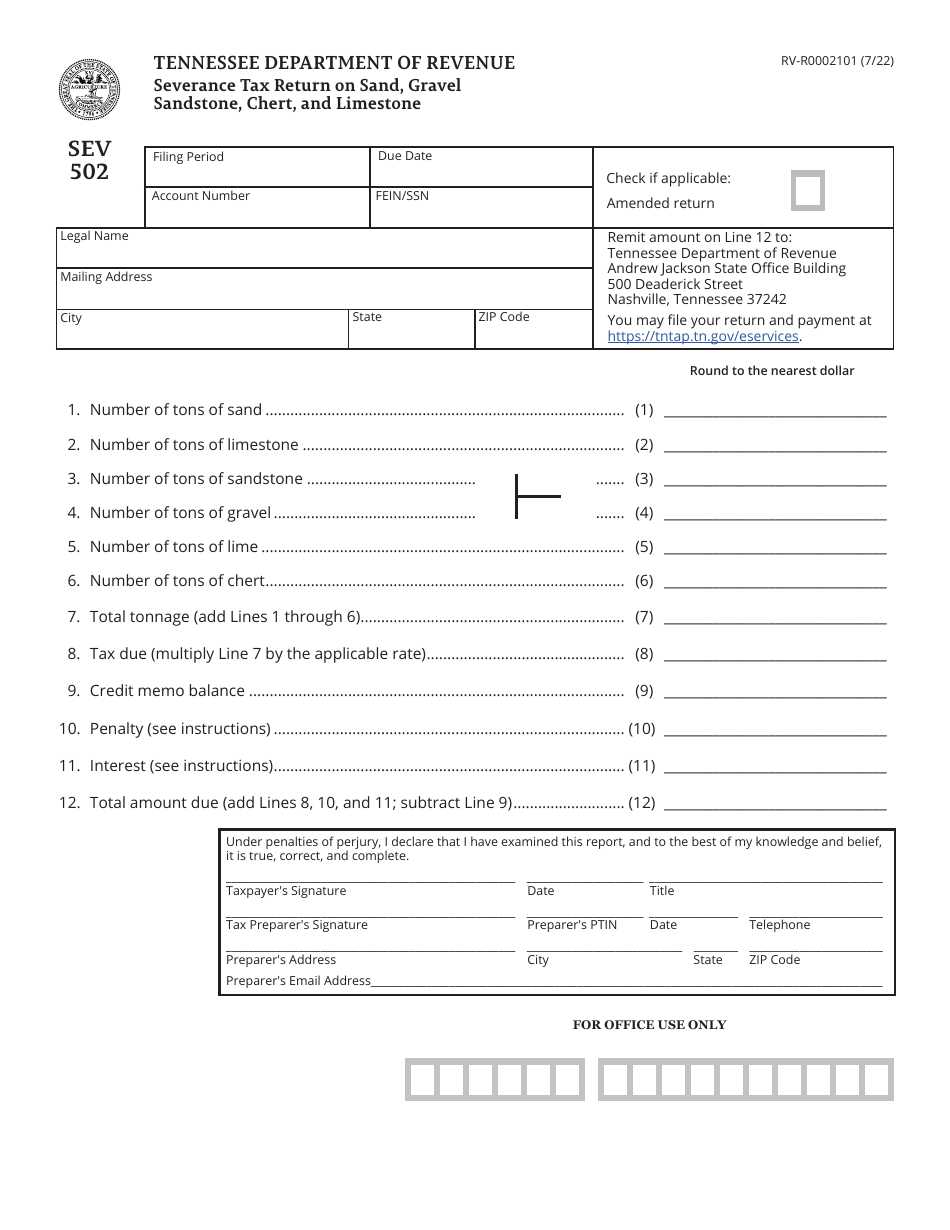 Form SEV502 (RV-R0002101) Severance Tax Return on Sand, Gravel Sandstone, Chert, and Limestone - Tennessee, Page 1