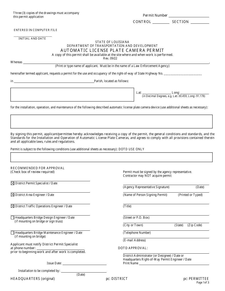 Automatic License Plate Camera Permit - Louisiana, Page 1