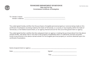 Document preview: Form RV-F1301301 Sales and Use Tax Government Certificate of Exemption - Tennessee