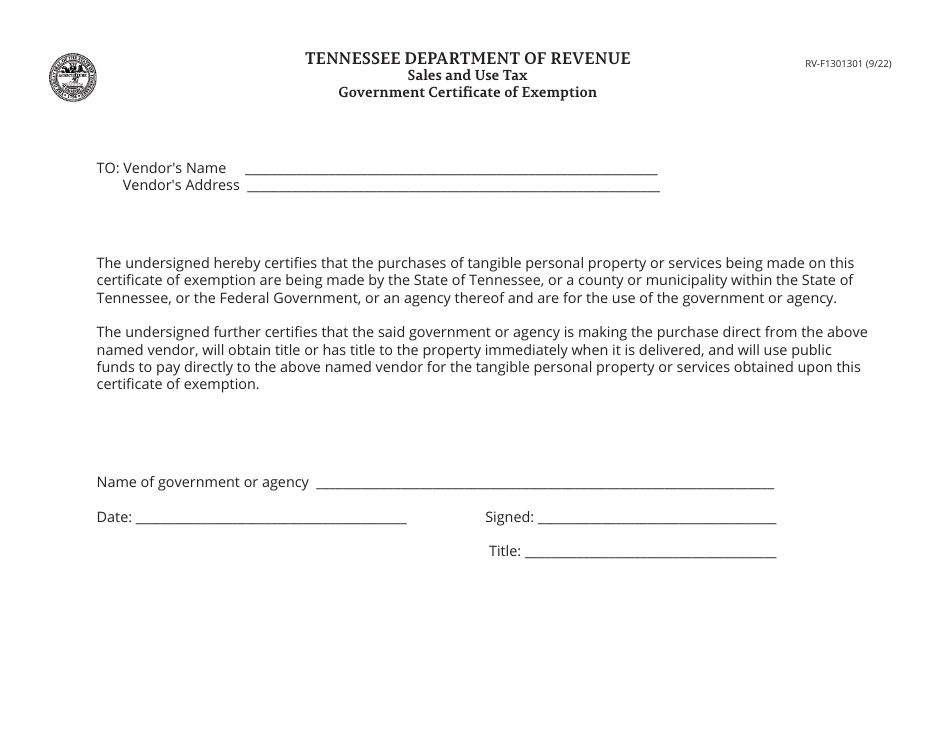 Form RV-F1301301 Sales and Use Tax Government Certificate of Exemption - Tennessee, Page 1
