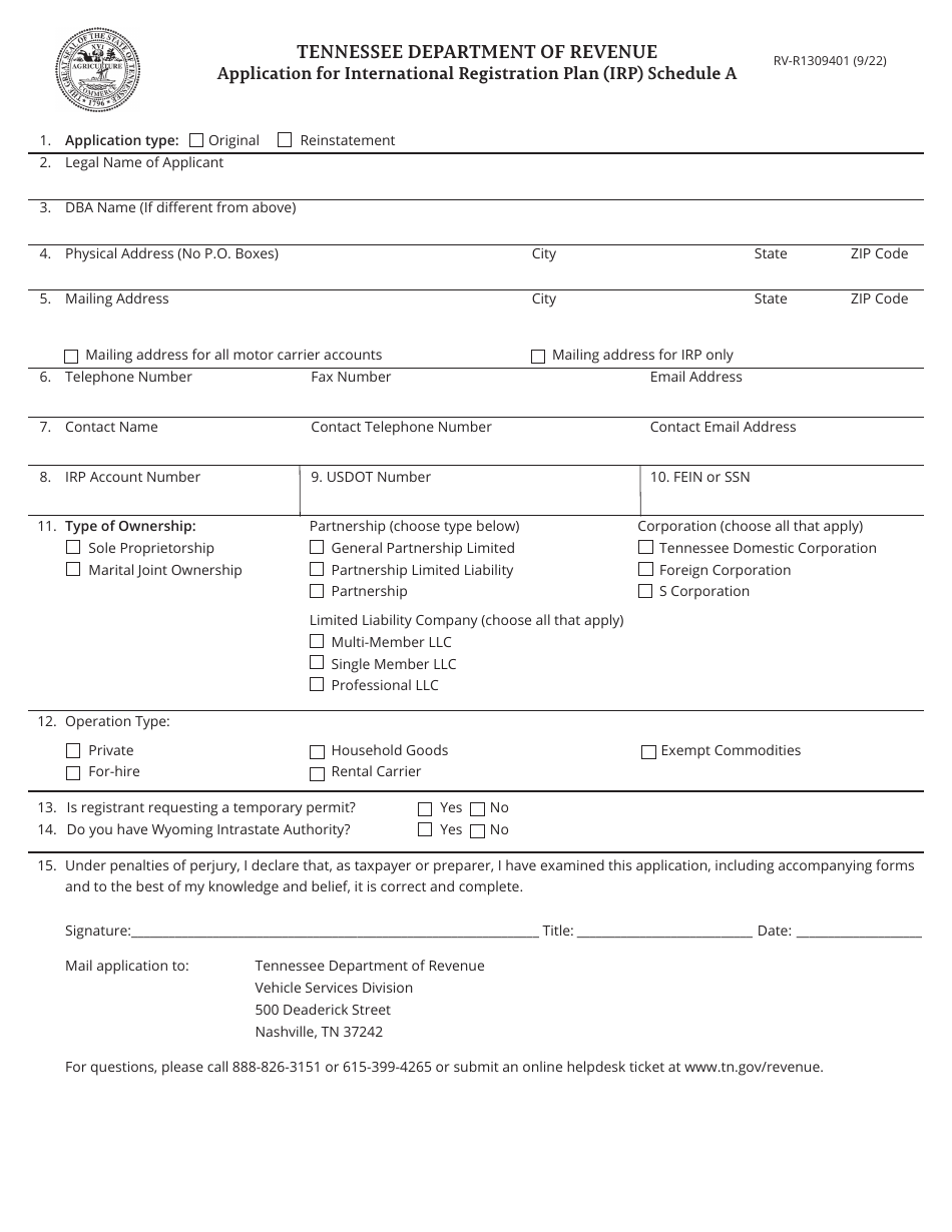 Form RV-R1309401 Addendum A Application for International Registration Plan (Irp) - Tennessee, Page 1