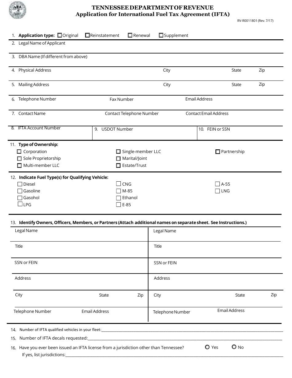 Form RV-R0011801 Application for International Fuel Tax Agreement (Ifta) - Tennessee, Page 1