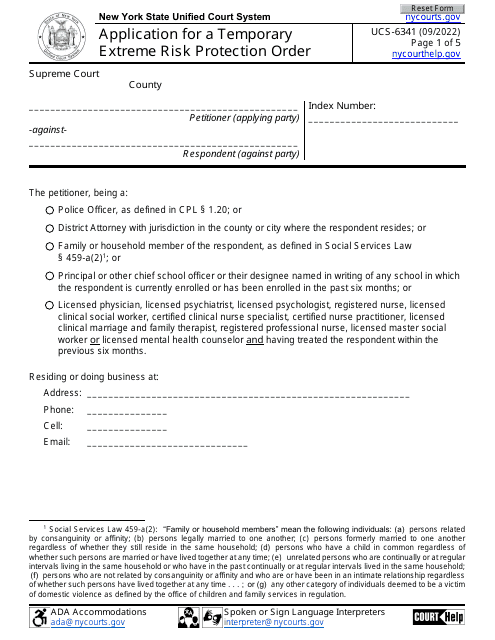Form UCS-6341 Application for a Temporary Extreme Risk Protection Order - New York