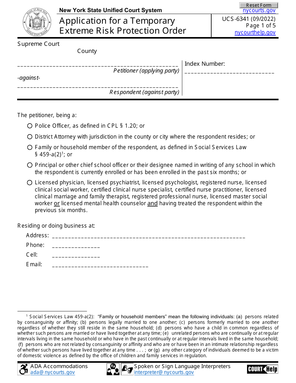 Form UCS-6341 Application for a Temporary Extreme Risk Protection Order - New York, Page 1