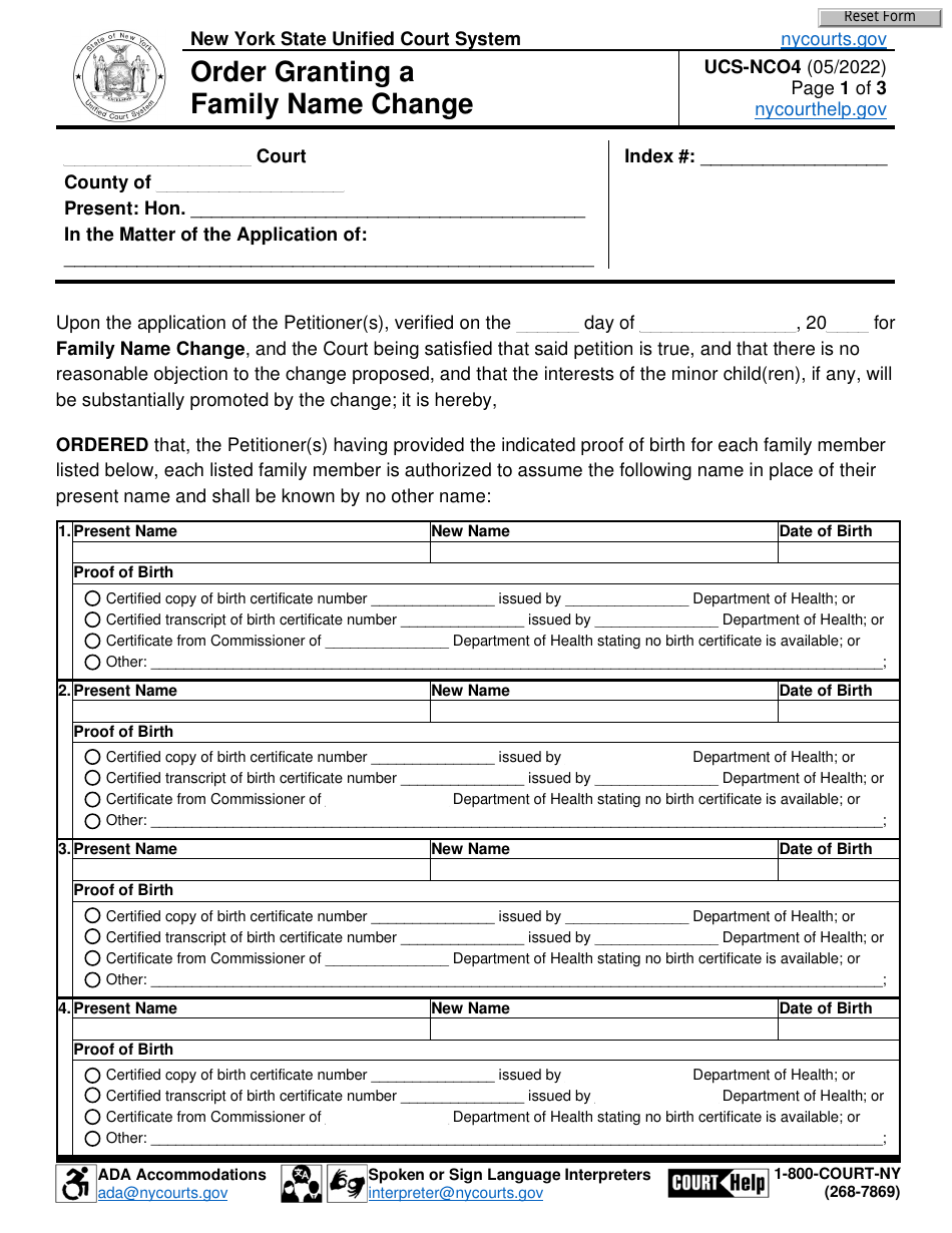 Form UCS-NCO4 Order Granting a Family Name Change - New York, Page 1