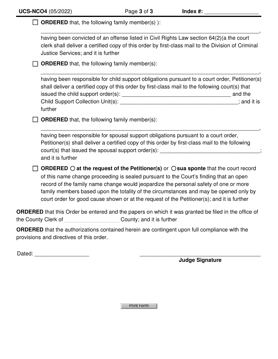 Form UCS-NCO4 Order Granting a Family Name Change - New York, Page 3