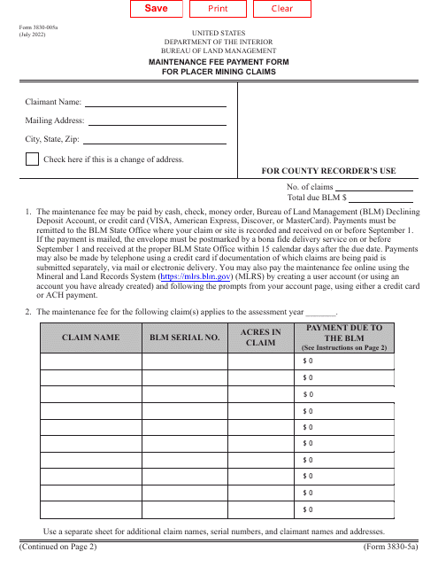 BLM Form 3830-005A  Printable Pdf