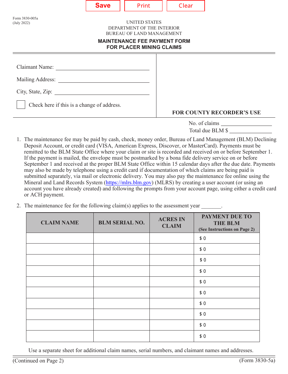 BLM Form 3830-005A Maintenance Fee Payment Form for Placer Mining Claims, Page 1