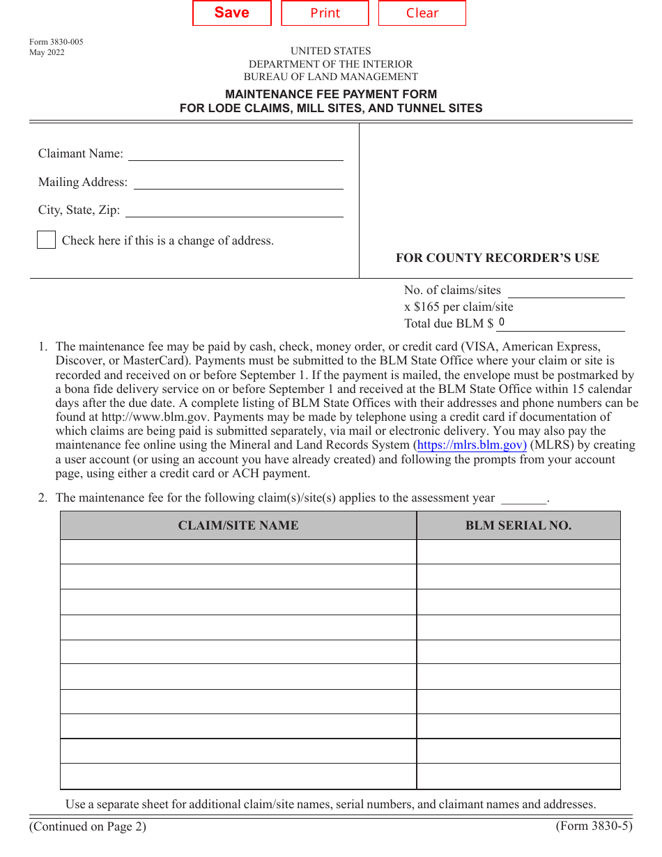 BLM Form 3830-005 Maintenance Fee Payment Form for Lode Claims, Mill Sites, and Tunnel Sites, Page 1