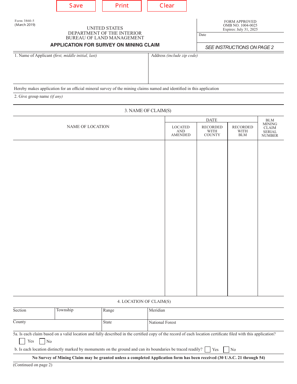 BLM Form 3860-5 Application for Survey on Mining Claim, Page 1
