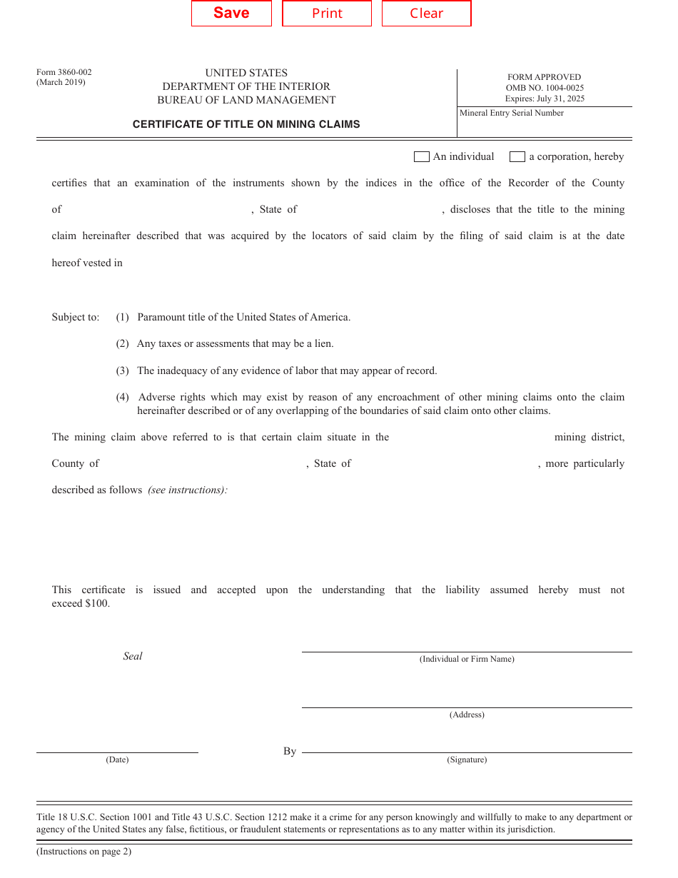 BLM Form 3860-002 Certificate of Title on Mining Claims, Page 1