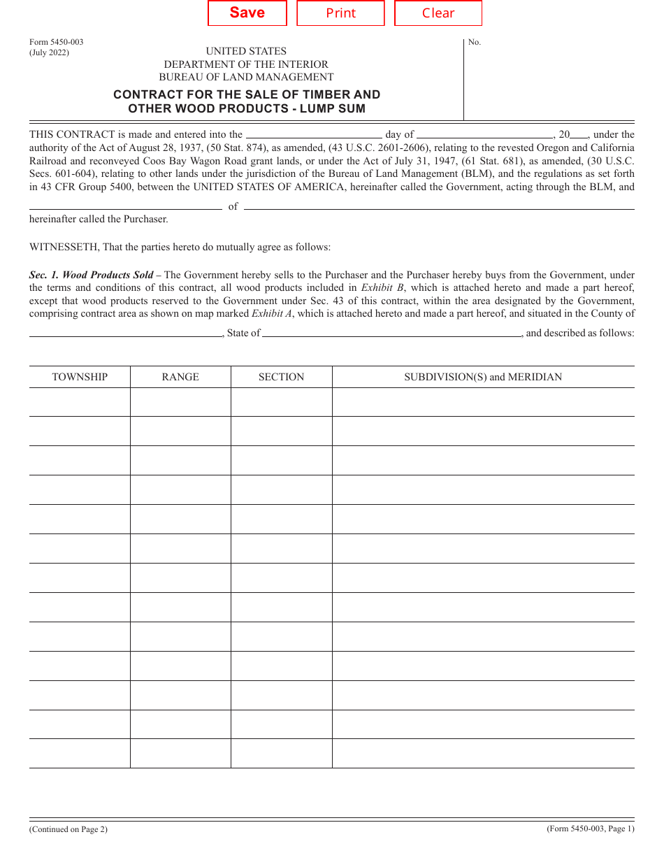 BLM Form 5450-003 Contract for the Sale of Timber and Other Wood Products - Lump Sum, Page 1