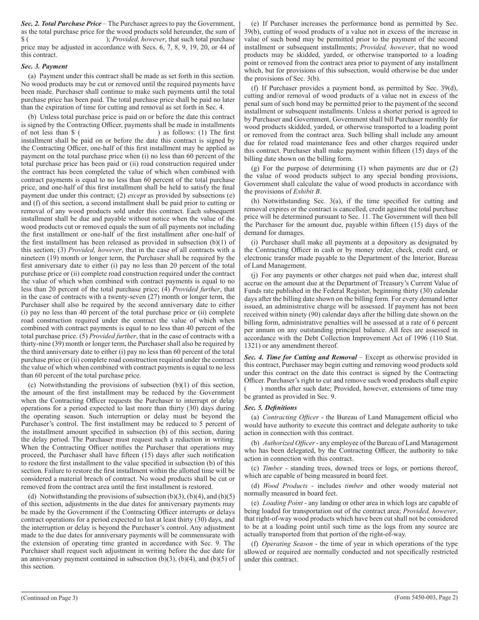 BLM Form 5450-003 Contract for the Sale of Timber and Other Wood Products - Lump Sum, Page 2