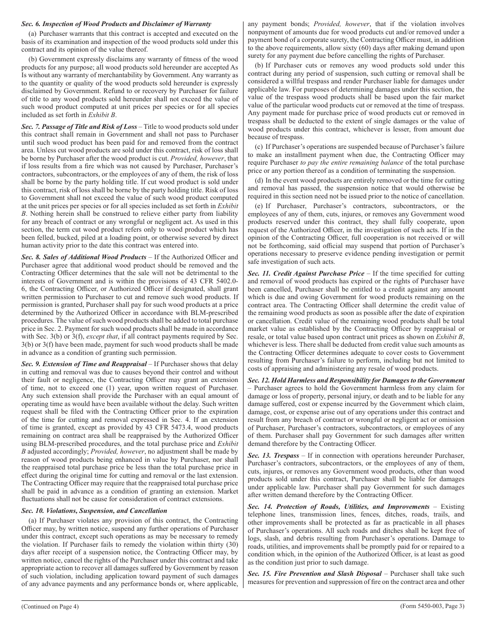 BLM Form 5450-003 Contract for the Sale of Timber and Other Wood Products - Lump Sum, Page 3