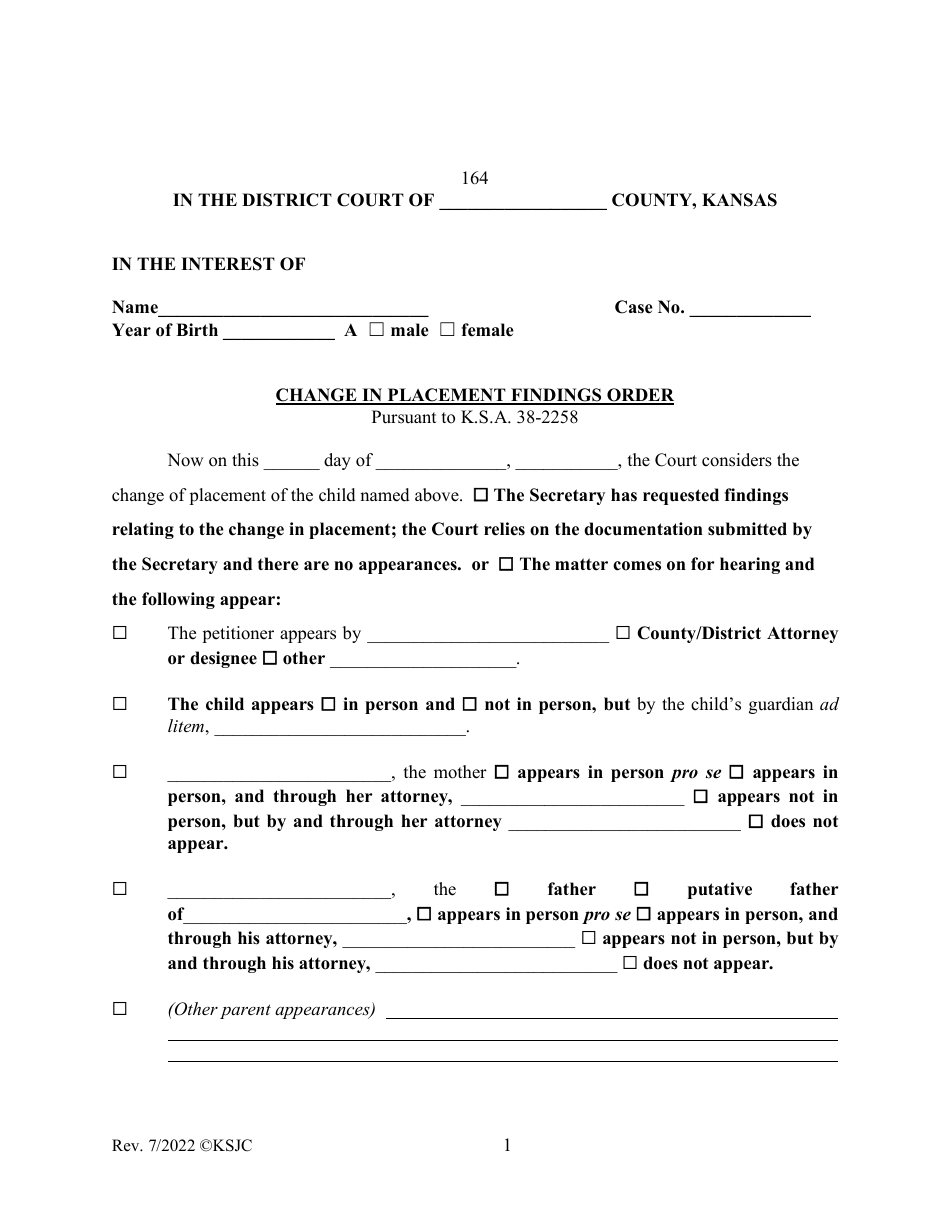 Form 164 Change in Placement Findings Order - Kansas, Page 1