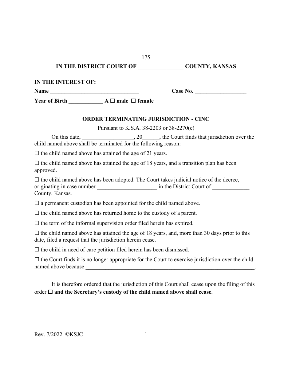 Form 175 Order Terminating Jurisdiction - Cinc - Kansas, Page 1