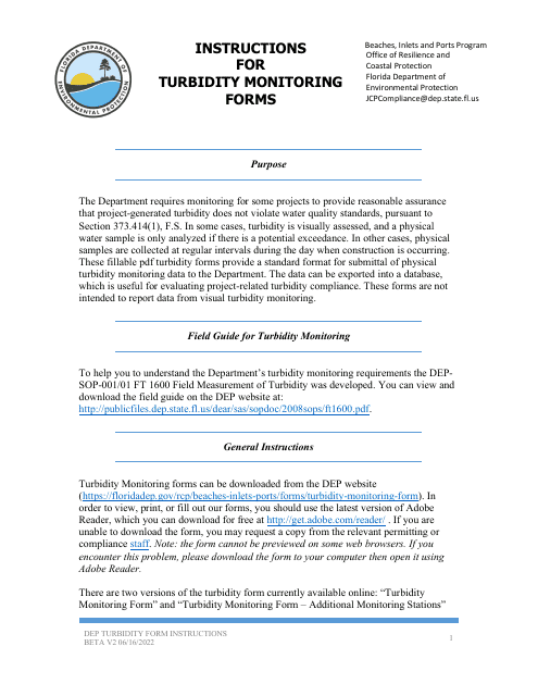Instructions for Form Beta v2 Turbidity Monitoring Form - Florida