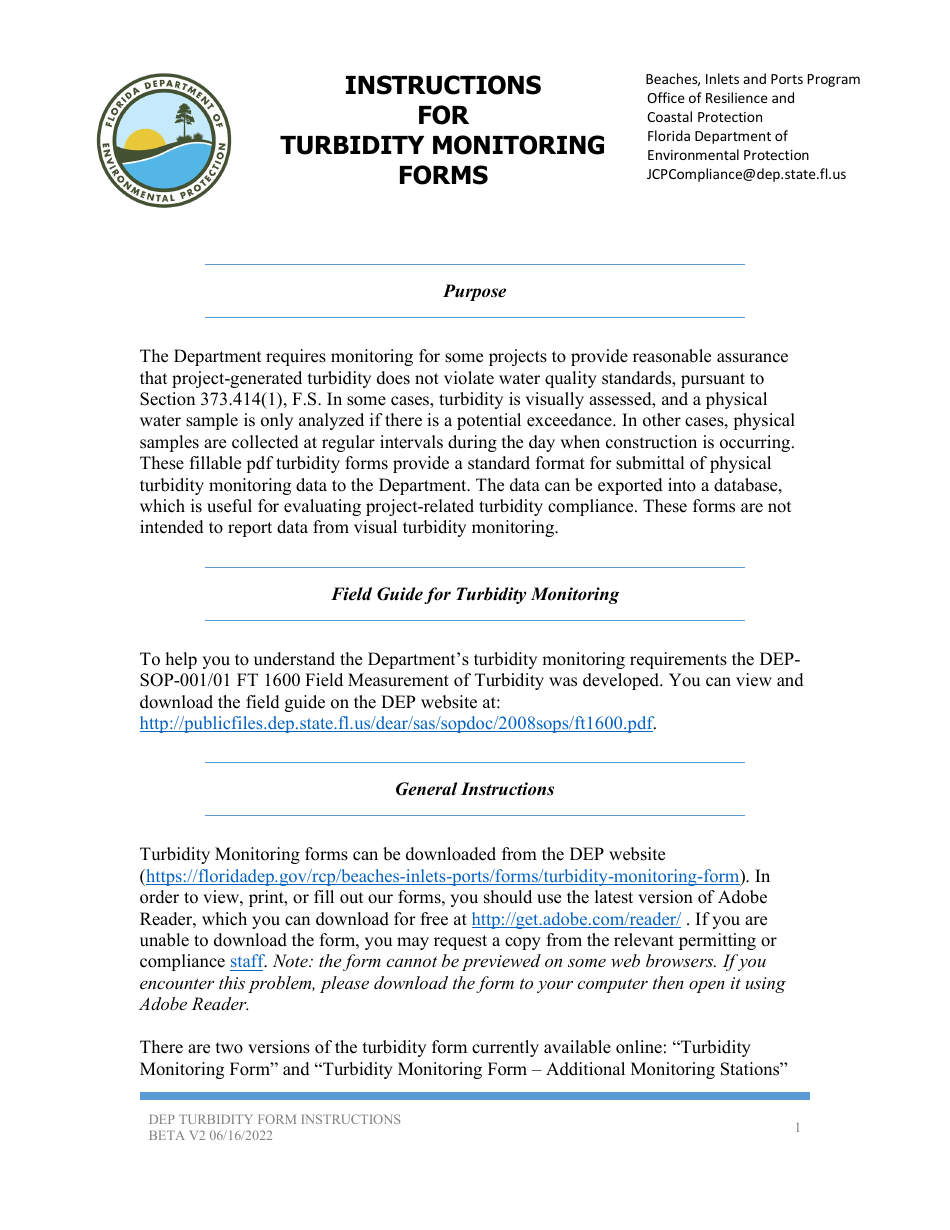 Instructions for Form Beta v2 Turbidity Monitoring Form - Florida, Page 1