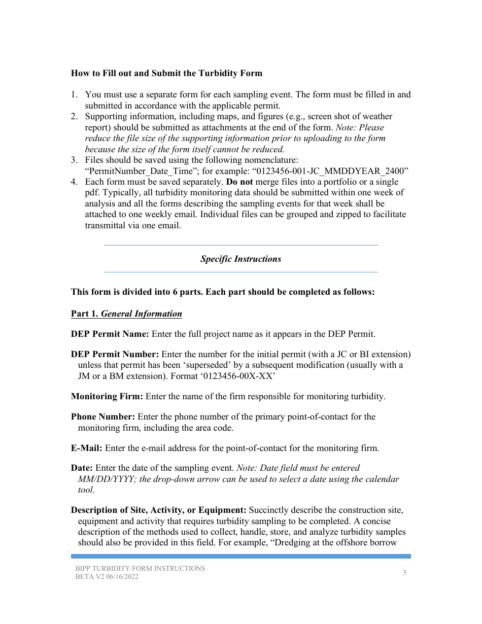 Instructions for Form Beta v2 Turbidity Monitoring Form - Florida, Page 3