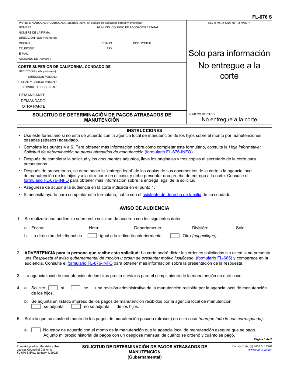 Formulario FL-676 Solicitud De Determinacion De Pagos Atrasados De Manutencion - California (Spanish), Page 1