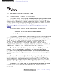 DHEC Form 0852 Application for Permit to Transport Hazardous Waste - South Carolina