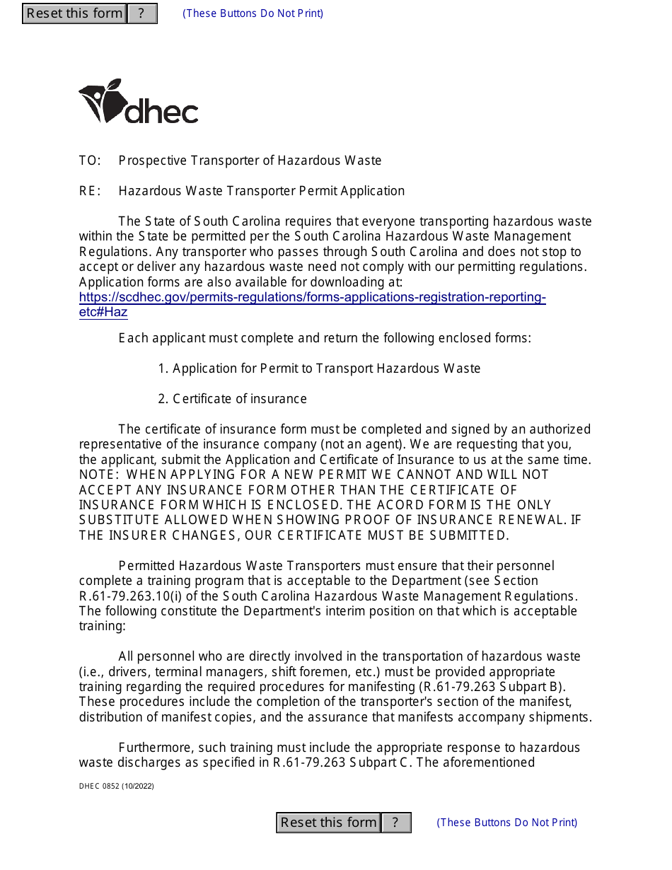 DHEC Form 0852 Application for Permit to Transport Hazardous Waste - South Carolina, Page 1