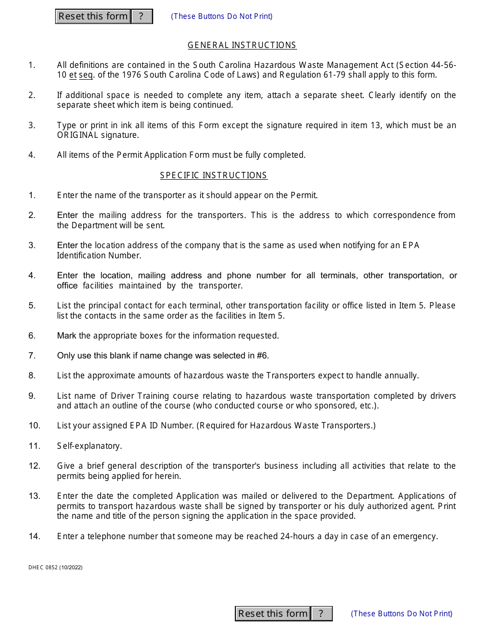 DHEC Form 0852 Application for Permit to Transport Hazardous Waste - South Carolina, Page 3