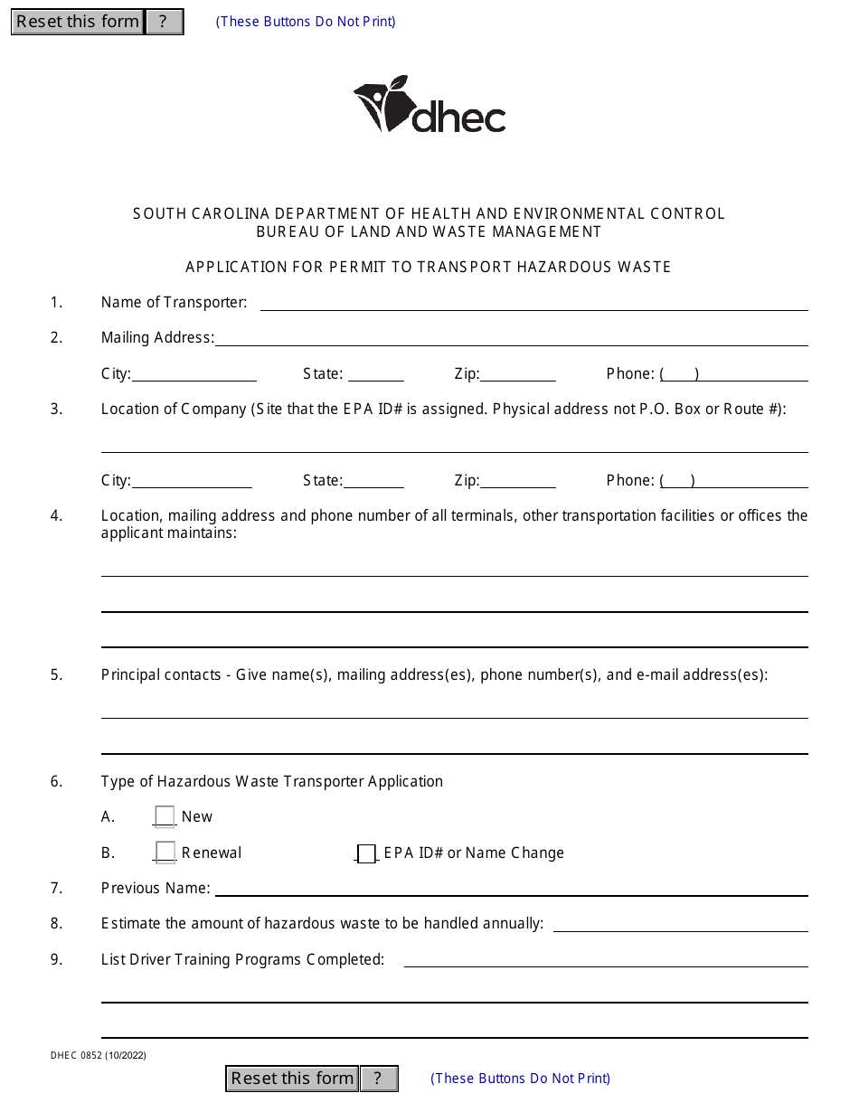 DHEC Form 0852 Application for Permit to Transport Hazardous Waste - South Carolina, Page 4