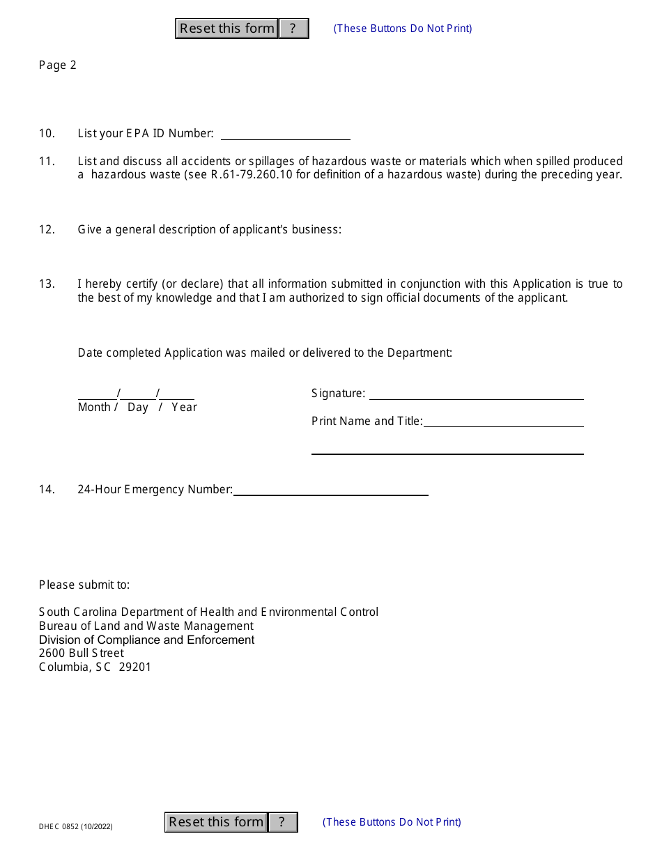 DHEC Form 0852 Application for Permit to Transport Hazardous Waste - South Carolina, Page 5