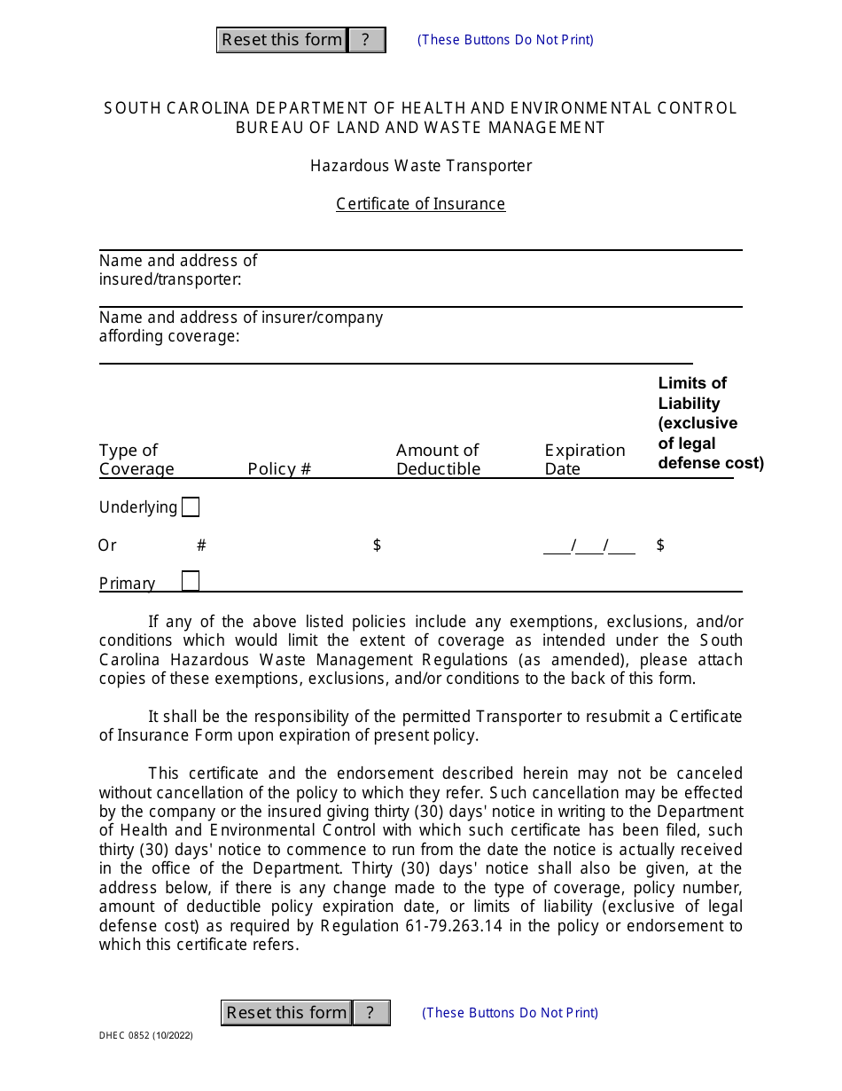 DHEC Form 0852 Application for Permit to Transport Hazardous Waste - South Carolina, Page 6