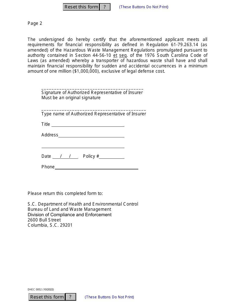 DHEC Form 0852 Download Fillable PDF or Fill Online Application for ...