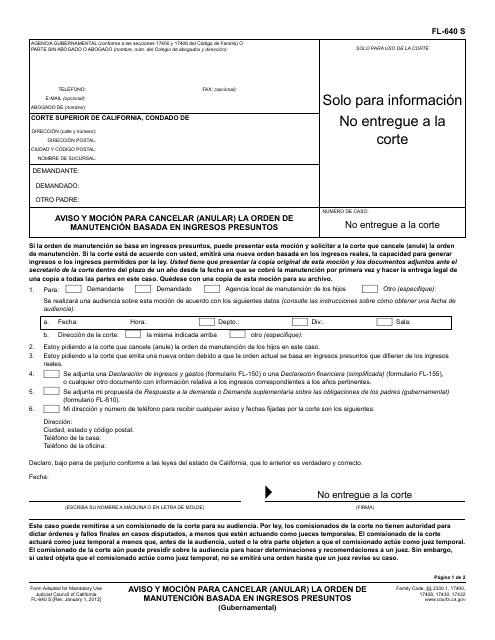 Formulario FL-640 Aviso Y Mocion Para Cancelar (Anular) La Orden De Manutencion Basada En Ingresos Presuntos - California (Spanish)