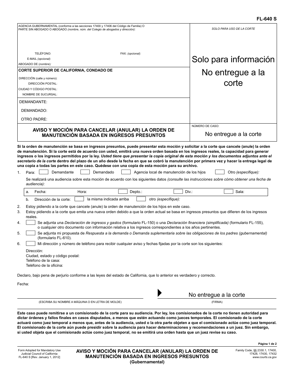 Formulario FL-640 Aviso Y Mocion Para Cancelar (Anular) La Orden De Manutencion Basada En Ingresos Presuntos - California (Spanish), Page 1