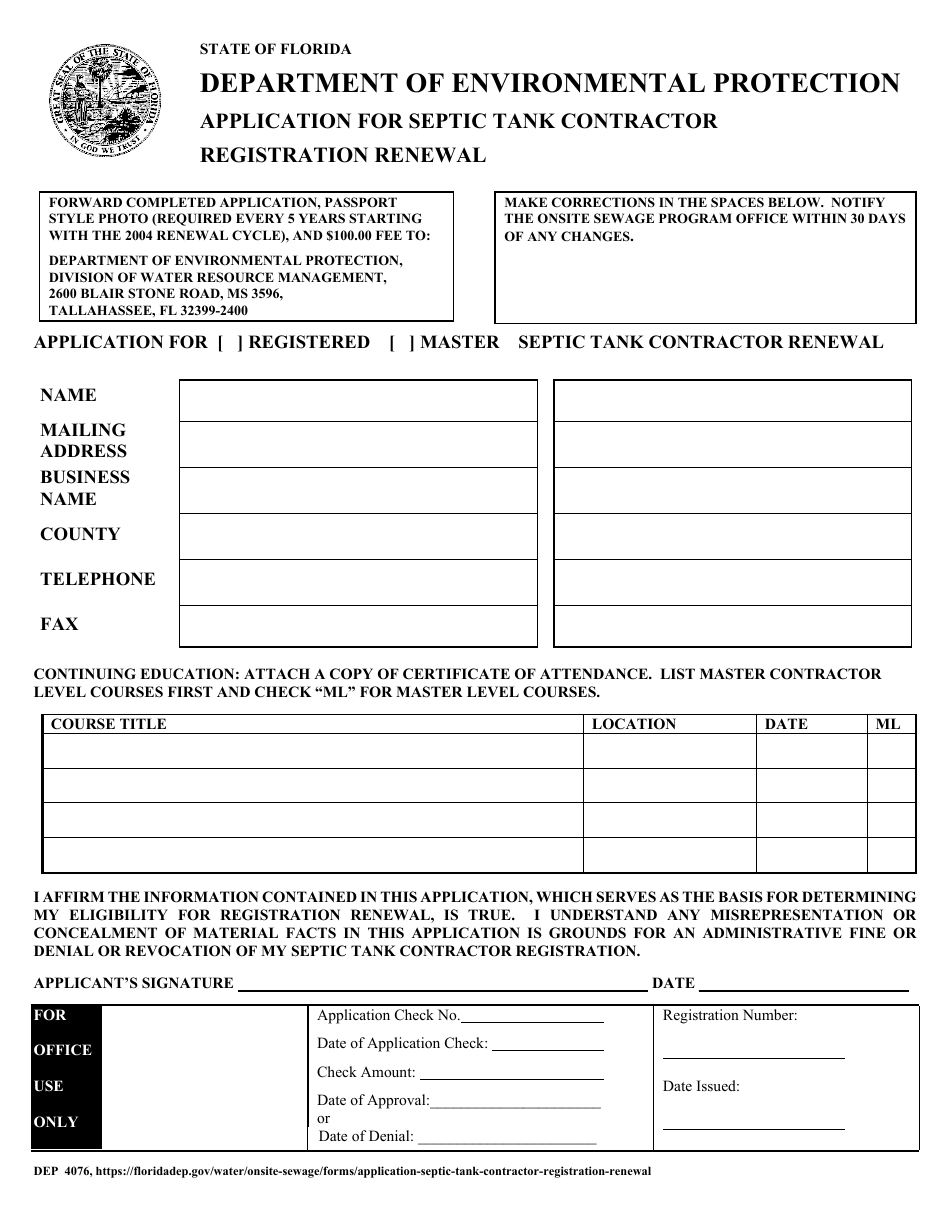 Form DEP4076 Application for Septic Tank Contractor Registration Renewal - Florida, Page 1