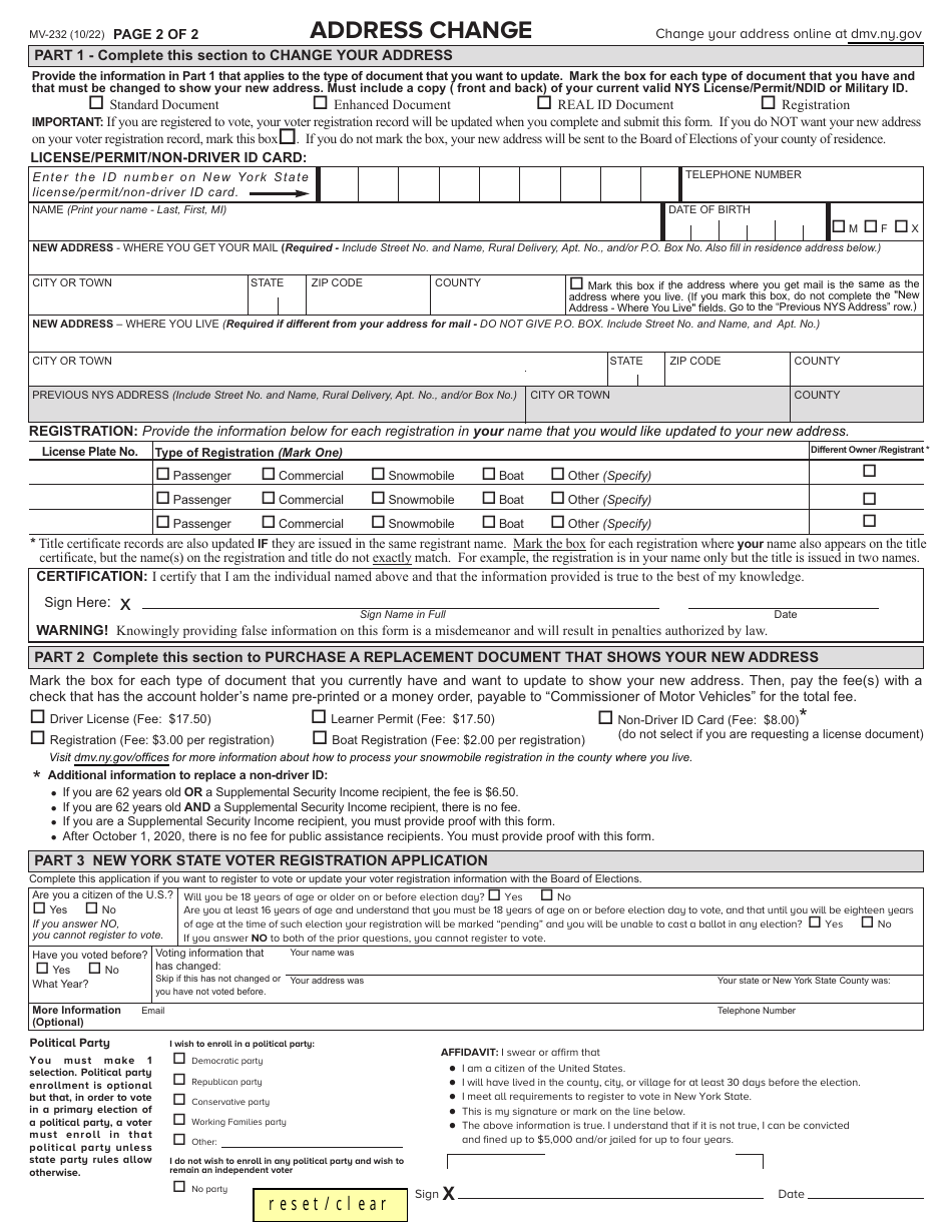 Form MV-232 Download Fillable PDF or Fill Online Address Change, New ...