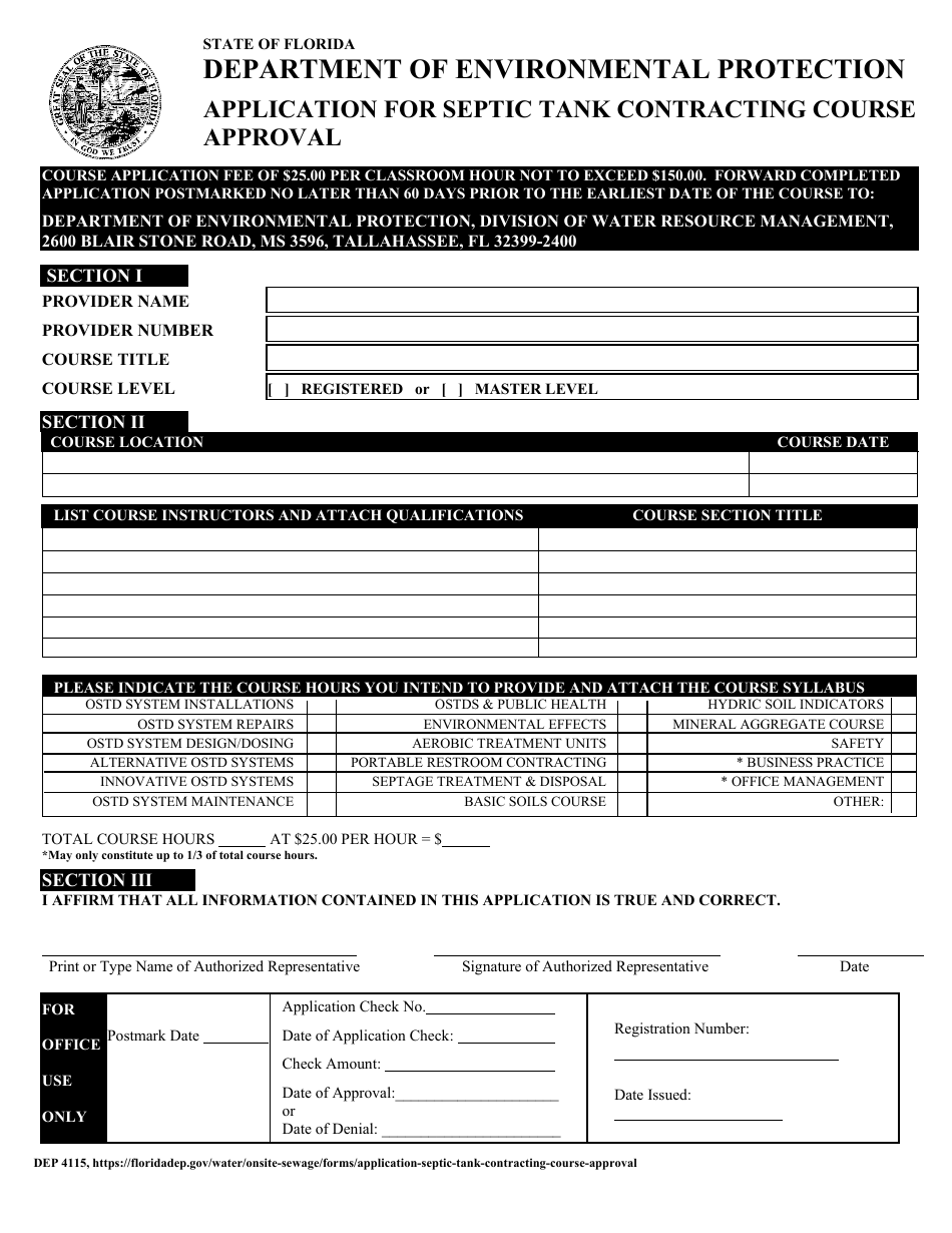 Form DEP4115 Application for Septic Tank Contracting Course Approval - Florida, Page 1
