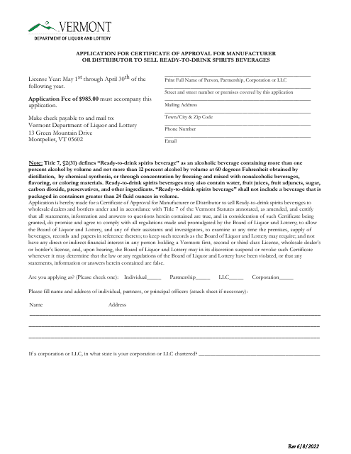 Application for Certificate of Approval for Manufacturer or Distributor to Sell Ready-To-Drink Spirits Beverages - Vermont