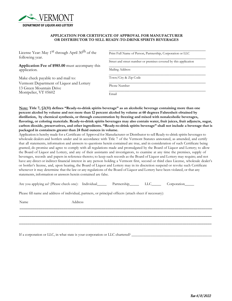 Vermont Application for Certificate of Approval for Manufacturer or ...